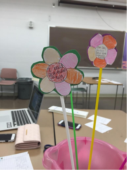 student examples of finished projects. Some of the flowers have messages written in them.